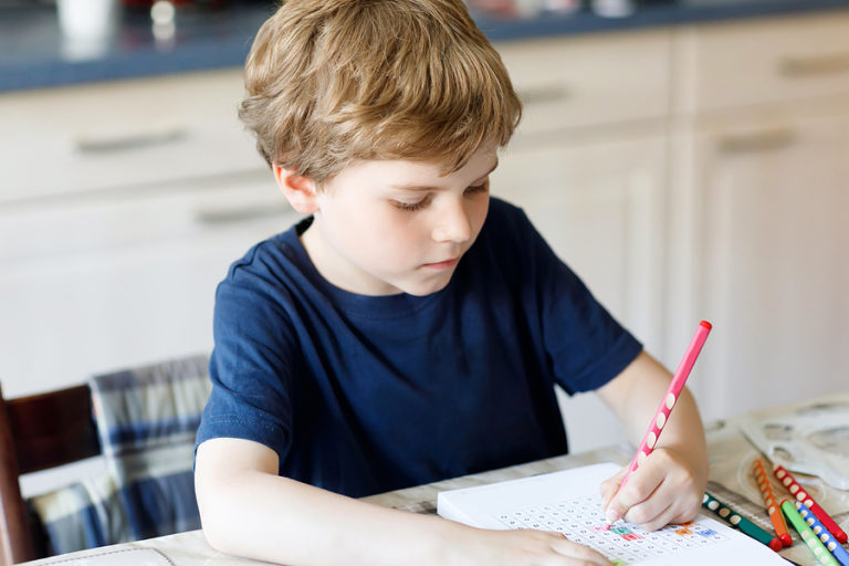 Hard-working Happy School Kid Boy Making Homework During Quarant – DV ...